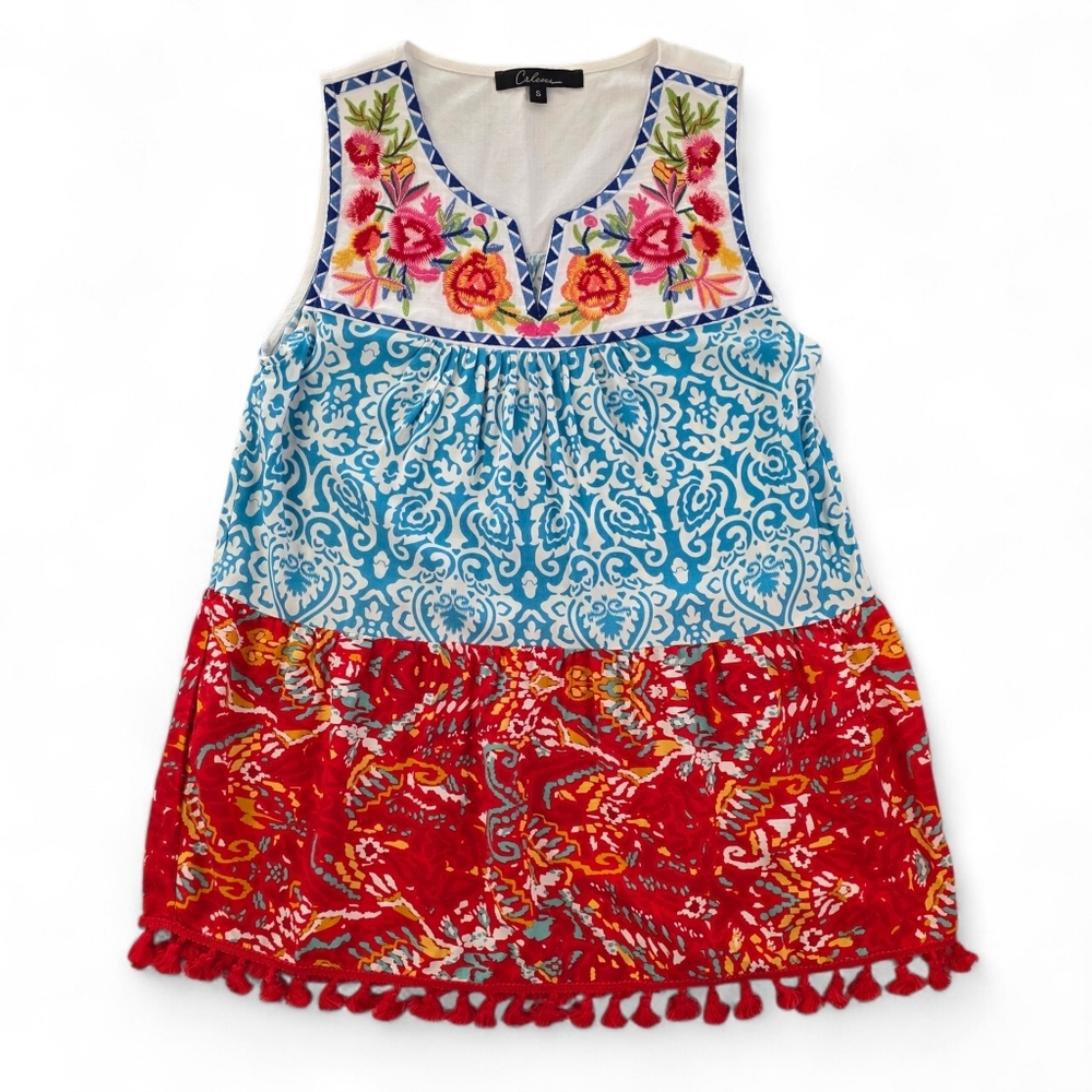 Caleooa Embroidered Floral Boho Peasant Sleeveless Top Tassel Hem Small Rayon